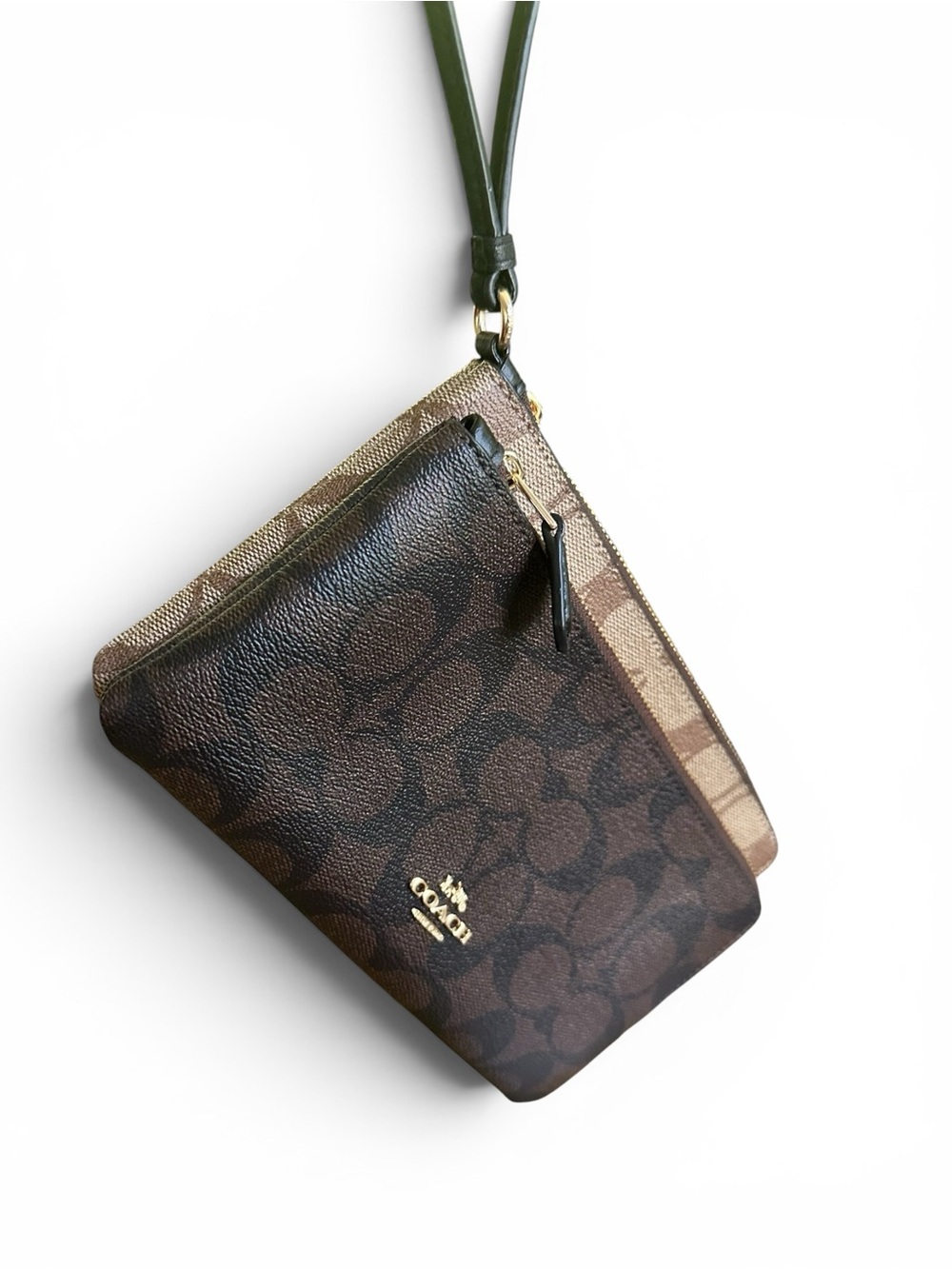 ✨ Coach Double Zip Signature Wristlet Wallet Khaki Brown Black Gold NWT